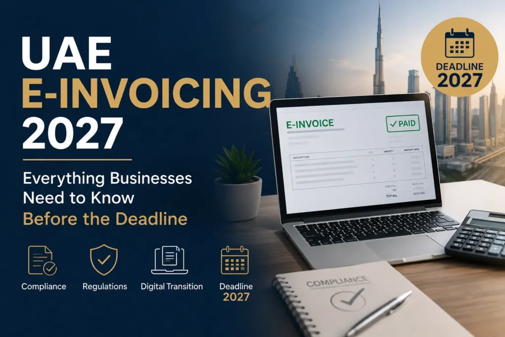 UAE E-Invoicing 2027 guide for businesses showing a digital e-invoice, Dubai skyline and compliance deadline illustration.