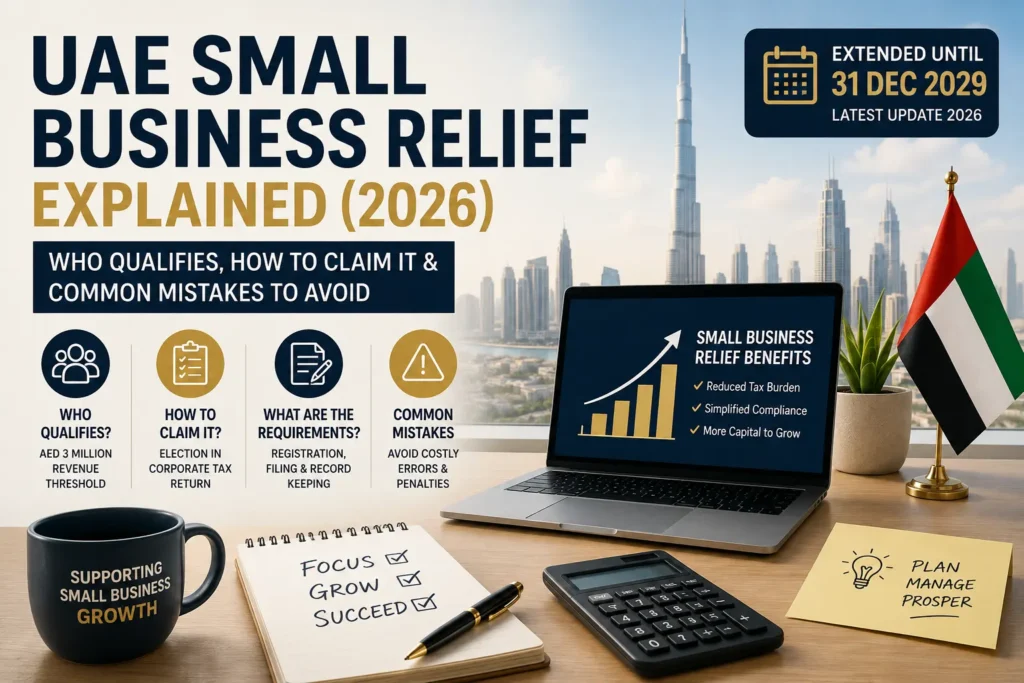 UAE Small Business Relief Guide showing Corporate Tax relief eligibility, AED 3 million revenue threshold, and extension until 2029 for eligible UAE businesses.