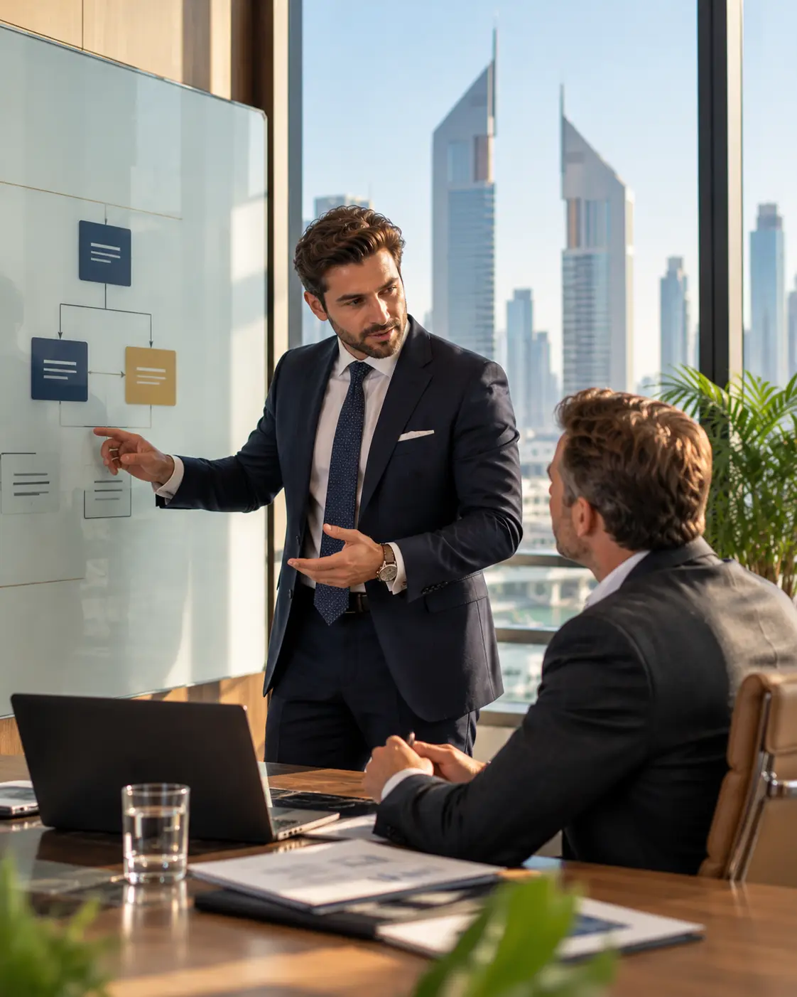 Corporate Tax advisory in Dubai — Fintra Global specialist reviewing a group structure chart with a client