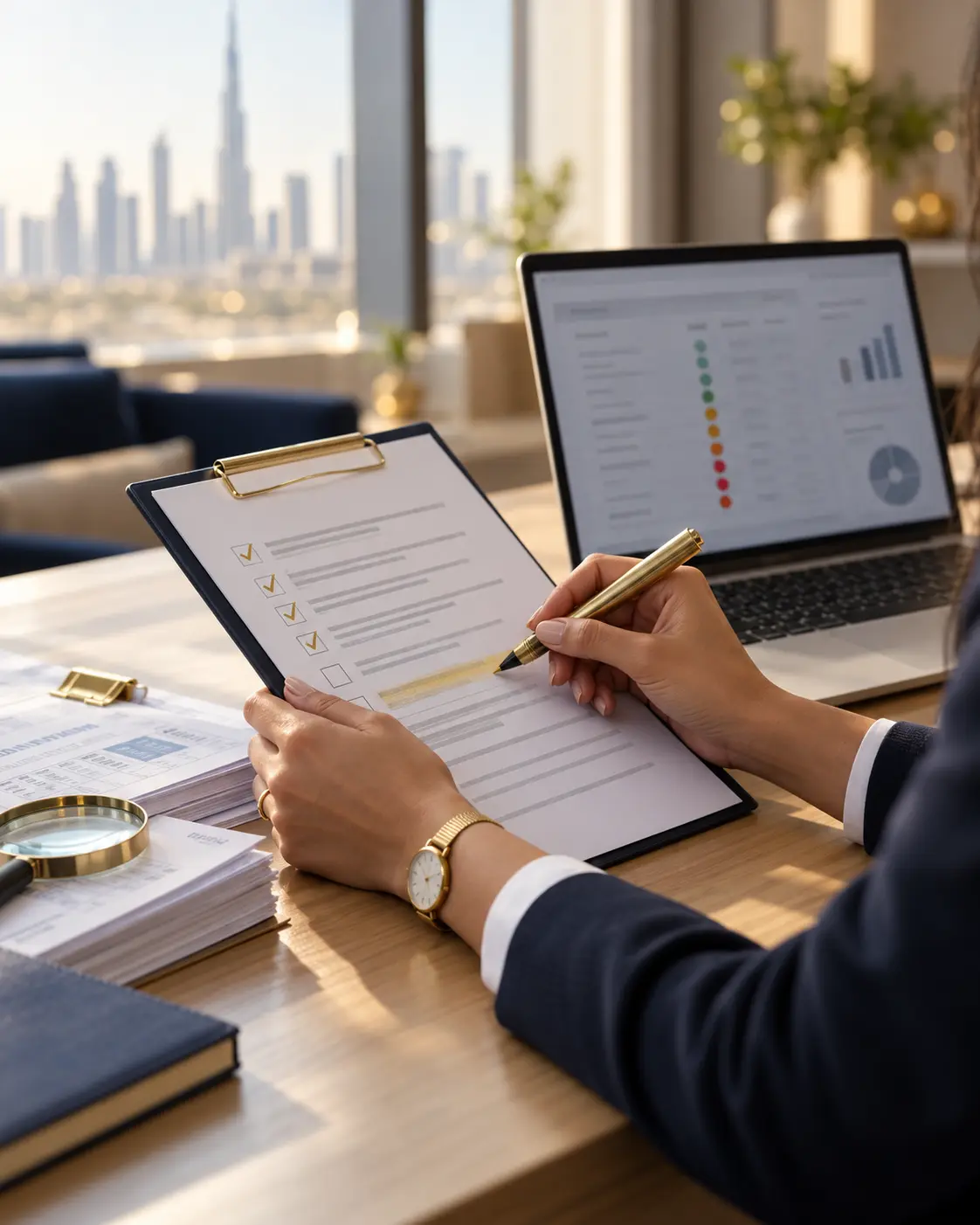 VAT health check services in Dubai — Fintra Global specialist reviewing VAT returns with a checklist