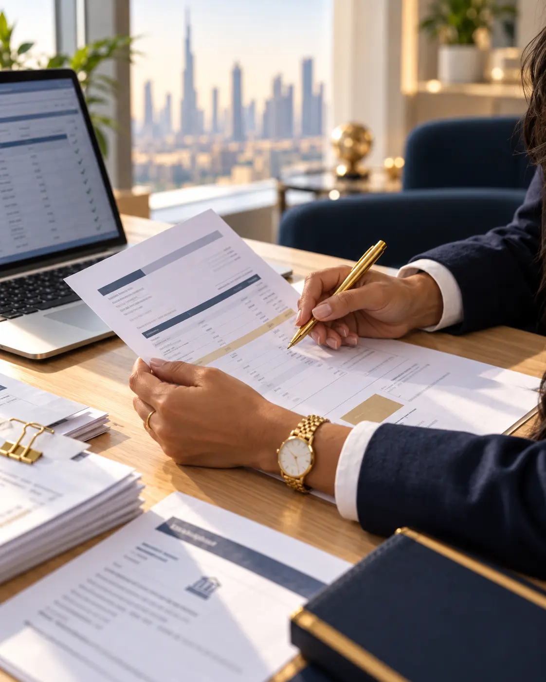 VAT refund services in Dubai — Fintra Global specialist checking tax invoices for a refund claim